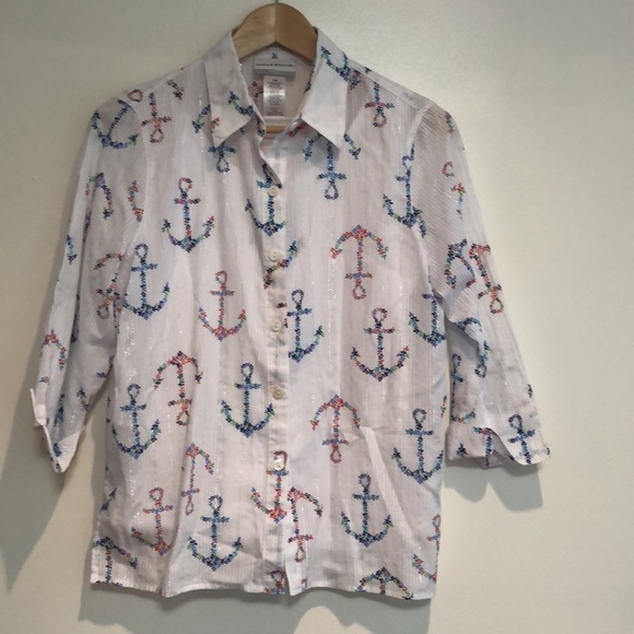 Alfred Dunner petit button up w/ floral anchor print and metallic stripes small - Picture 1 of 7
